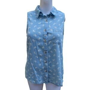 Moon Button‎ Up Sleeveless Top Collared Light Blue with Doggy Print Teacher Dog